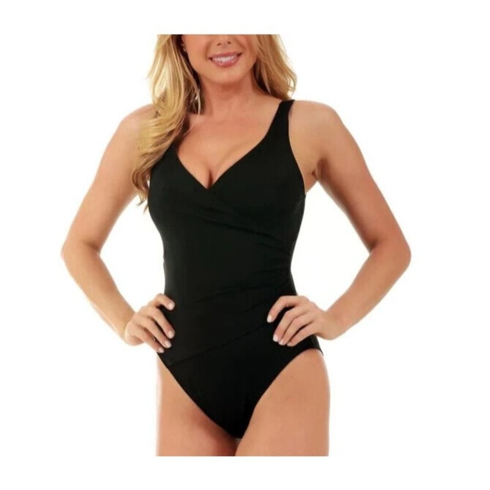 Instant Figure Womens Pho Wrap‎ One Piece Swimsuit Black V Neck 13443P Size 12